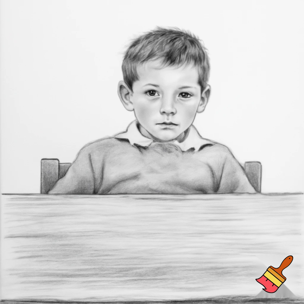 A school boy sitting on the chair looking in front and made with pencil sketch .no colour and in white background with a table in front on him