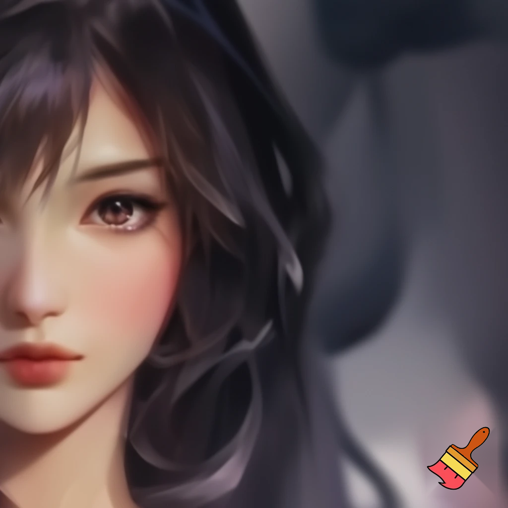 Vẽ một cô gái mặt anime lạnh lùng sắc nét khuôn mặt tinh sảo và có mái tóc giống trong ảnh đã cho, cho cô gái được vẽ ở góc dưới bên trái của tranh 