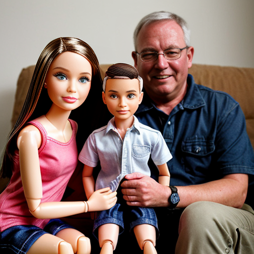 make a family photo of 3 with a 3 year old barbie and a 15 year old ken with there dad