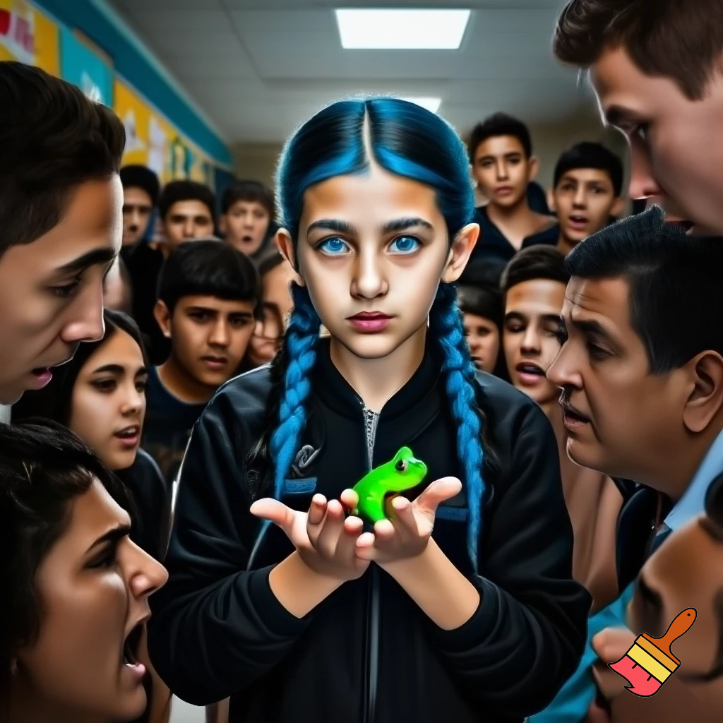 girl with blue braid and has a black jacket with blue eyes holding a frog all the people are looking at the frog scared at shcool