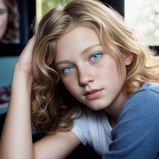 teen ,, , lifelike, portrait, highly detailed, , sharp focus, illustration, art by kittichai  and james gurney and alphonse mucha, ,  with curly blond hair and vibrant blue eyes, photorealistic, at her room, laying