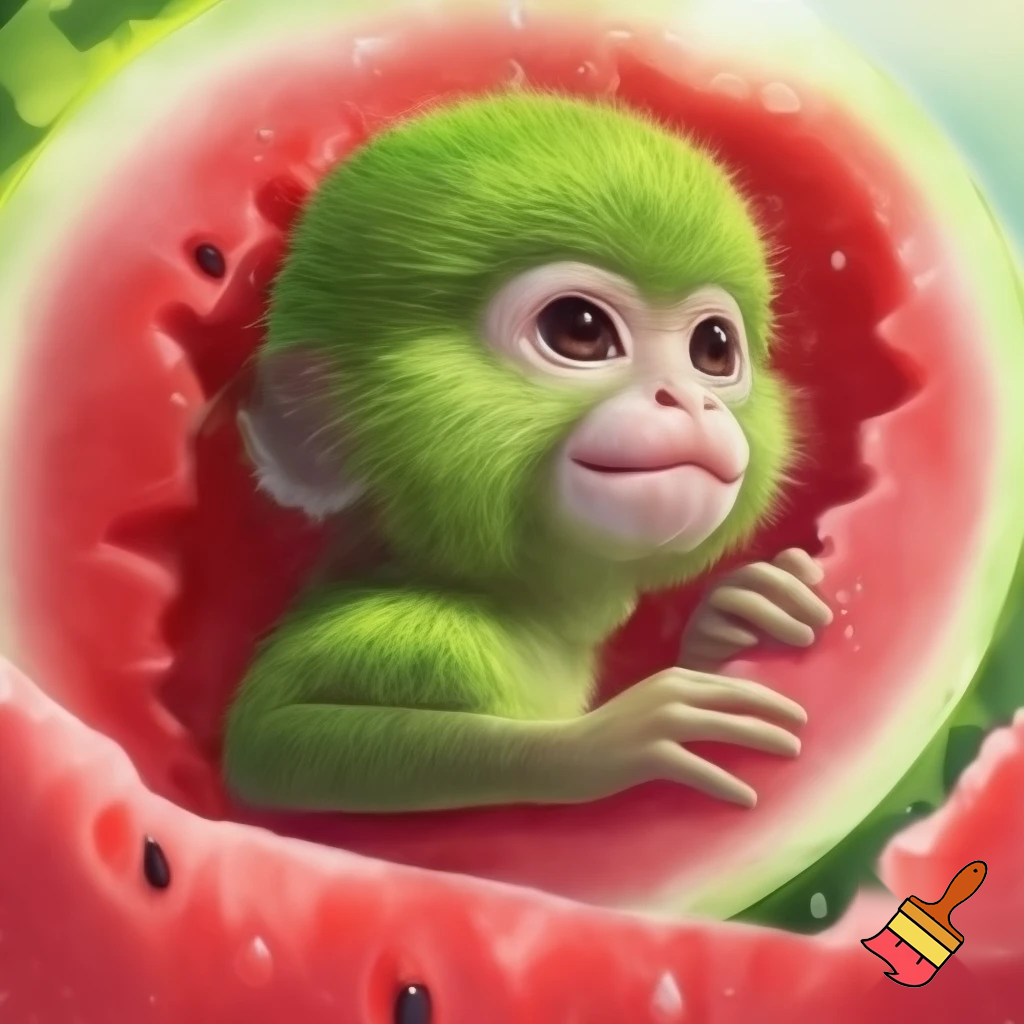 Green realistic monkey inside a watermelon