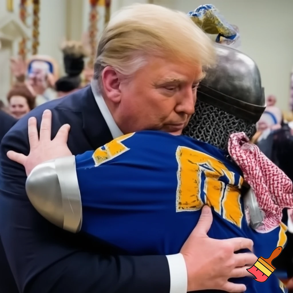donald trump and crusader hugging blue and gold
