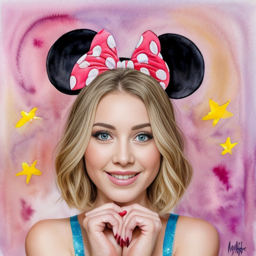 femme 28 ans cheveux blond yeux bleux nu tenue dans les airs par des mains et aux bras et au jambe oreilles de minnie mouse apparait sur sa tête et sur son visage un museau apparait et allaire une queue de sourie de minnie mouse et une culotte se mes sur elle avec le déguisement de minnie