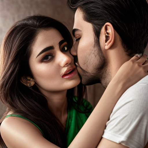 A adult girl wear green shalwar kamiz with adult boy in without  shirt kissing  