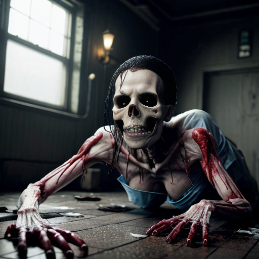 or bathed in the flickering greenish glow of shattered emergency lights, where the air itself seems to pulse with malignant energy. A ghostly nurse with hollow, weeping eye sockets floats mid-air, her tattered uniform streaked with phantom blood, while a skeletal demon—its ribcage split open to reveal writhing, vein-covered organs—crawls along the ceiling like a grotesque insect. In the foreground, a freshly reanimated zombie drags its own spilled intestines behind it, jaws unhinged in a silent scream, while the walls weep rivulets of blackened blood that coalesce into grasping handprints. The floor is littered with twisted medical instruments fused to half-dissolved corpses, their flesh melting into the tiles in a nightmare of biological corruption. A spectral surgeon looms in the background, his surgical mask sewn directly into rotting skin, holding a rusted bone saw that drips with something far thicker t