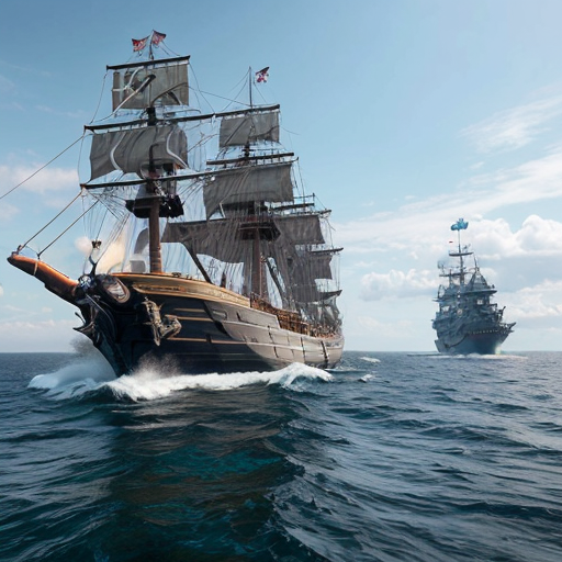 Pirate ship with pirates attacking another ship. Firing cannons and guns. Long cutlasses, peg legs and eye patches
  