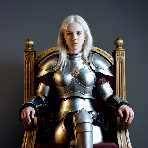 young tall white-haired woman in armor sits on a throne