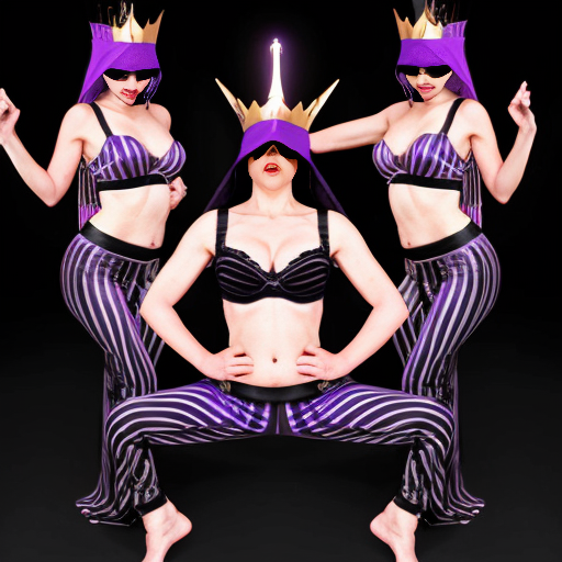 90's disney's 2d aladdin style comic dark blue background of panel 1 evil queen barefoot with purple and black striped harem pants and purple and black striped bra with both hand palms place together and hiding the bottom of her mouth with a purple and black striped veil wrapped around her arms. panel 2 she danced barefoot with purple and black striped harem pants and purple and black striped bra and purple and black striped veil covering her shoulders and arms and raising legs and bounced up and down her belly and which causes an electric discharge to form which transforms her purple and black striped veil from shoulders and arms into a bolt of lightning. Panel 3 which tye evil queen barefoot with purple and black striped harem pants and purple and black striped bra grabs the lightning bolt from her shoulders and arms with one hand. panel 4 then the evil queen barefoot with purple and black striped harem pants and purple and black striped bra rubs the lightning bolt on her butt with the lightning bolt against her butt and shook her hips left and right. panel 5 then as the evil queen barefoot with purple and black striped harem pants and purple and black striped bra still shook her butt left and right she turns and her butt is now facing the viewer while rubbing the lighting bolt with her.