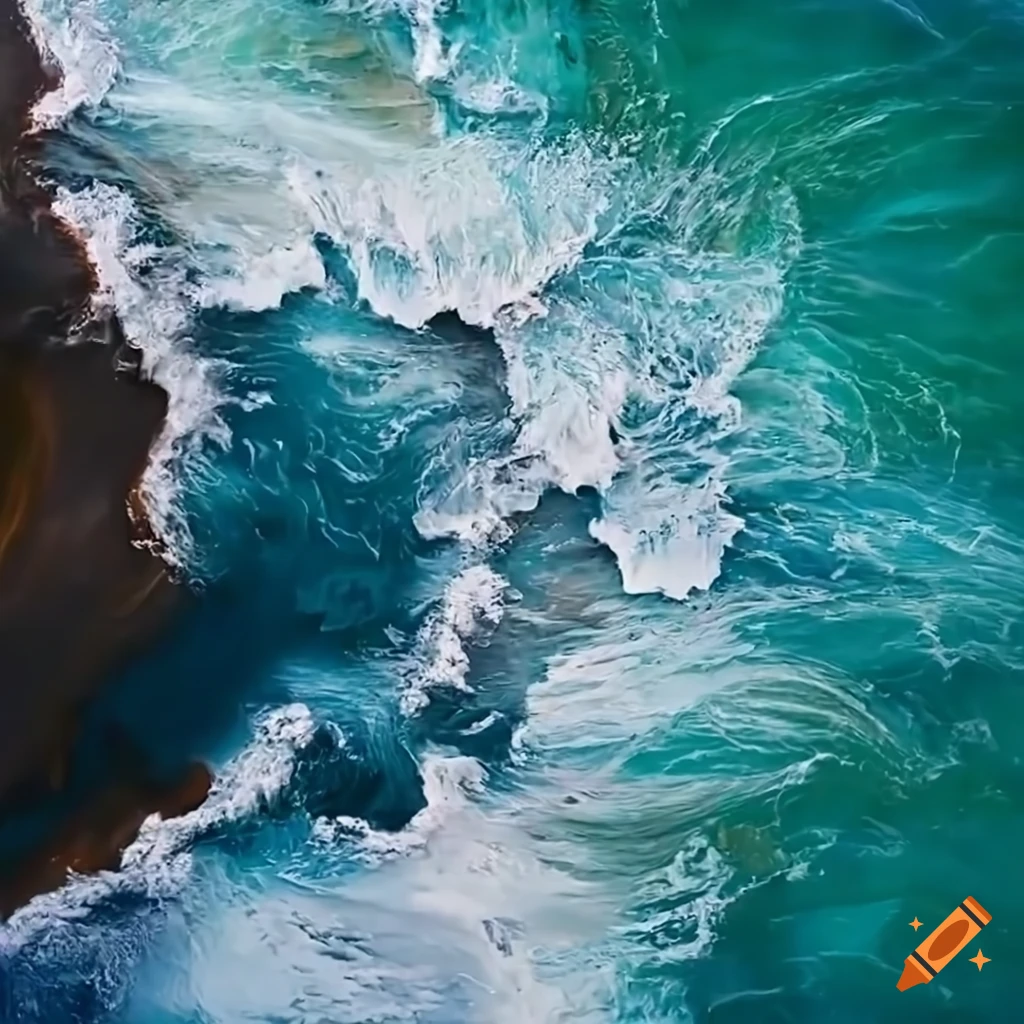 ultra detailed high definition realistic waves crashing onto shore, ocean spray, oil painting, wide angle, 8k, birds eye view