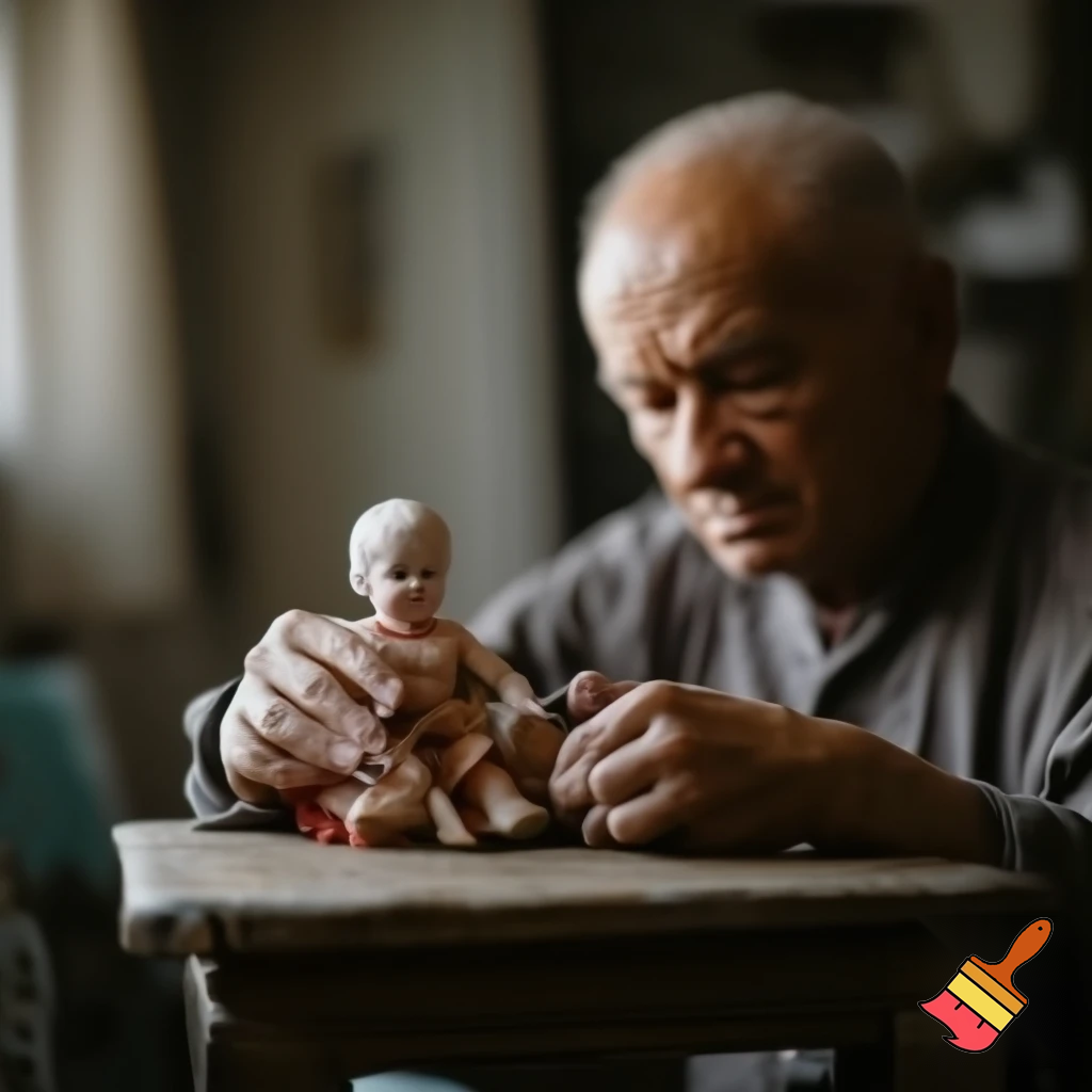 A realistic photograph of an elderly man sitting at a small wooden table, gently repairing a broken doll.
The scene looks natural and lifelike, with soft daylight coming from a nearby window.
The man’s face is warm and kind, with detailed wrinkles and calm eyes.
The background shows a simple cozy room with a nostalgic atmosphere.
Realistic lighting and natural colors.