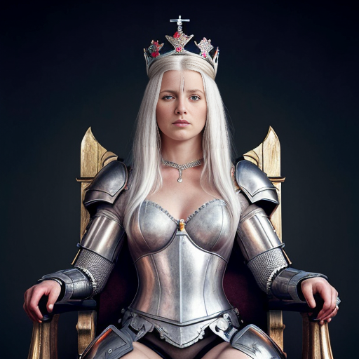 Tall, white-haired Queen of Poland in armor sitting on a throne