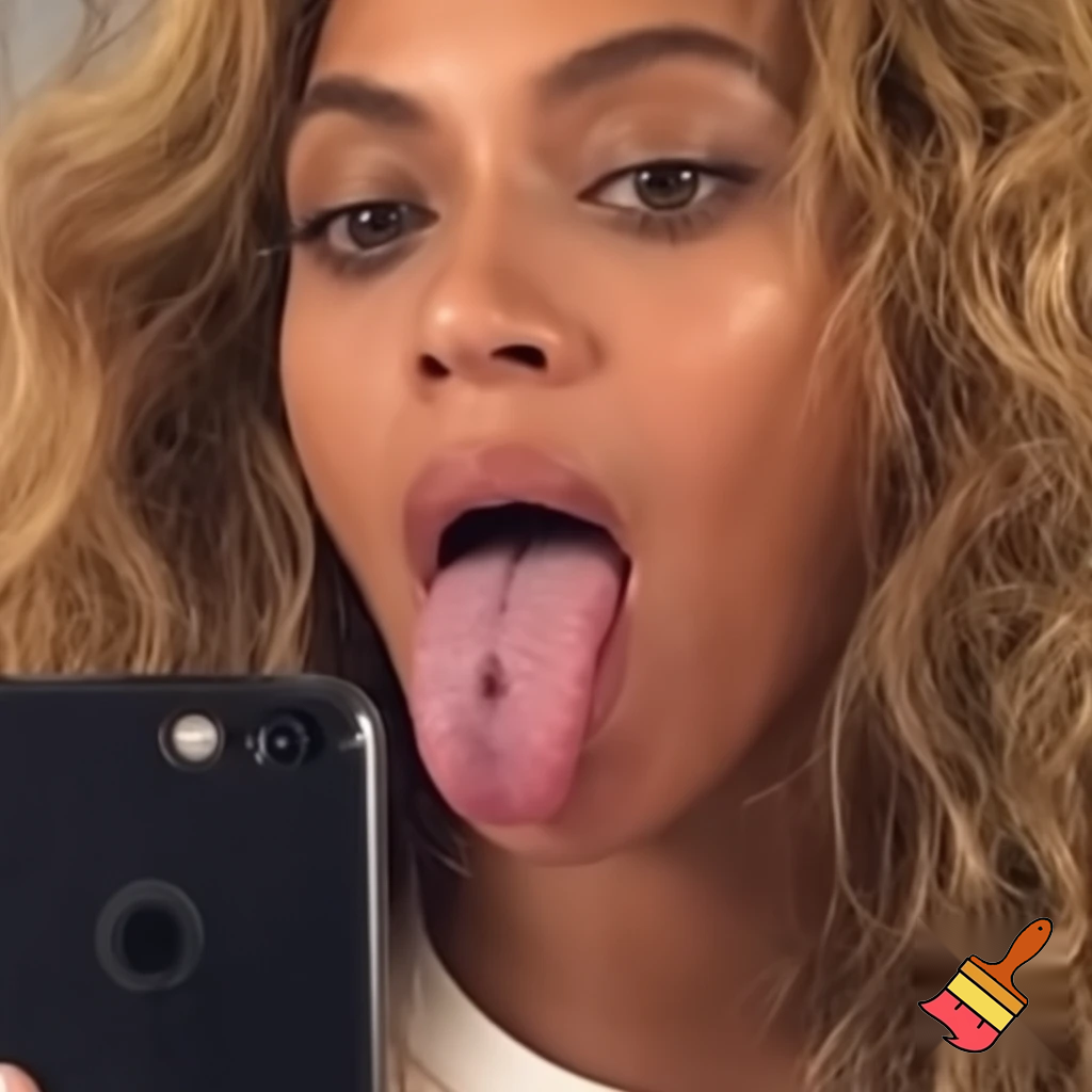 Beyonce selfie showing her long tongue looking at her phone ,horny expression 