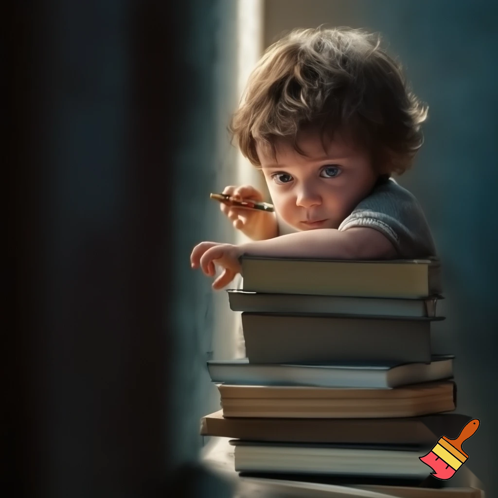 A child standing on four books to reach the wall, holding a single crayon in his hand as he tries to draw on it. Fear is visible on his face, as if he has just seen someone about to scold him. The scene is detailed and realistic, with soft natural lighting, cinematic depth, and expressive emotions. Ultra-realistic, 4k, cinematic realism.