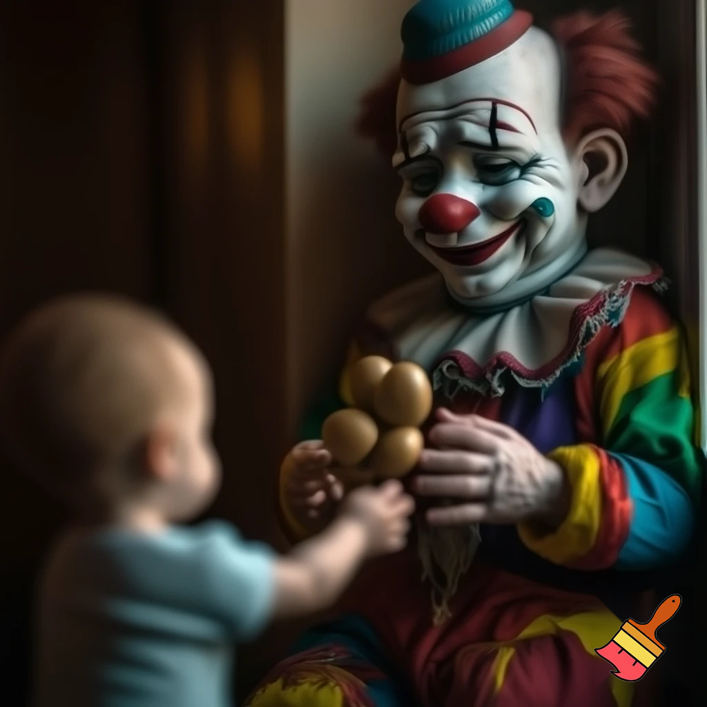):

A realistic full-body scene of a sad clown with detailed makeup and a colorful costume, standing quietly while a small child gently offers him a balloon animal. The atmosphere is emotional, tender, and heartwarming, with natural lighting, detailed fabric texture, and cinematic realism.