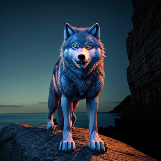 create an image of a blue wolf, with glowing red eyes, gleaming fangs and glowing fur. The backround is a rocky cliff with people coming towards it