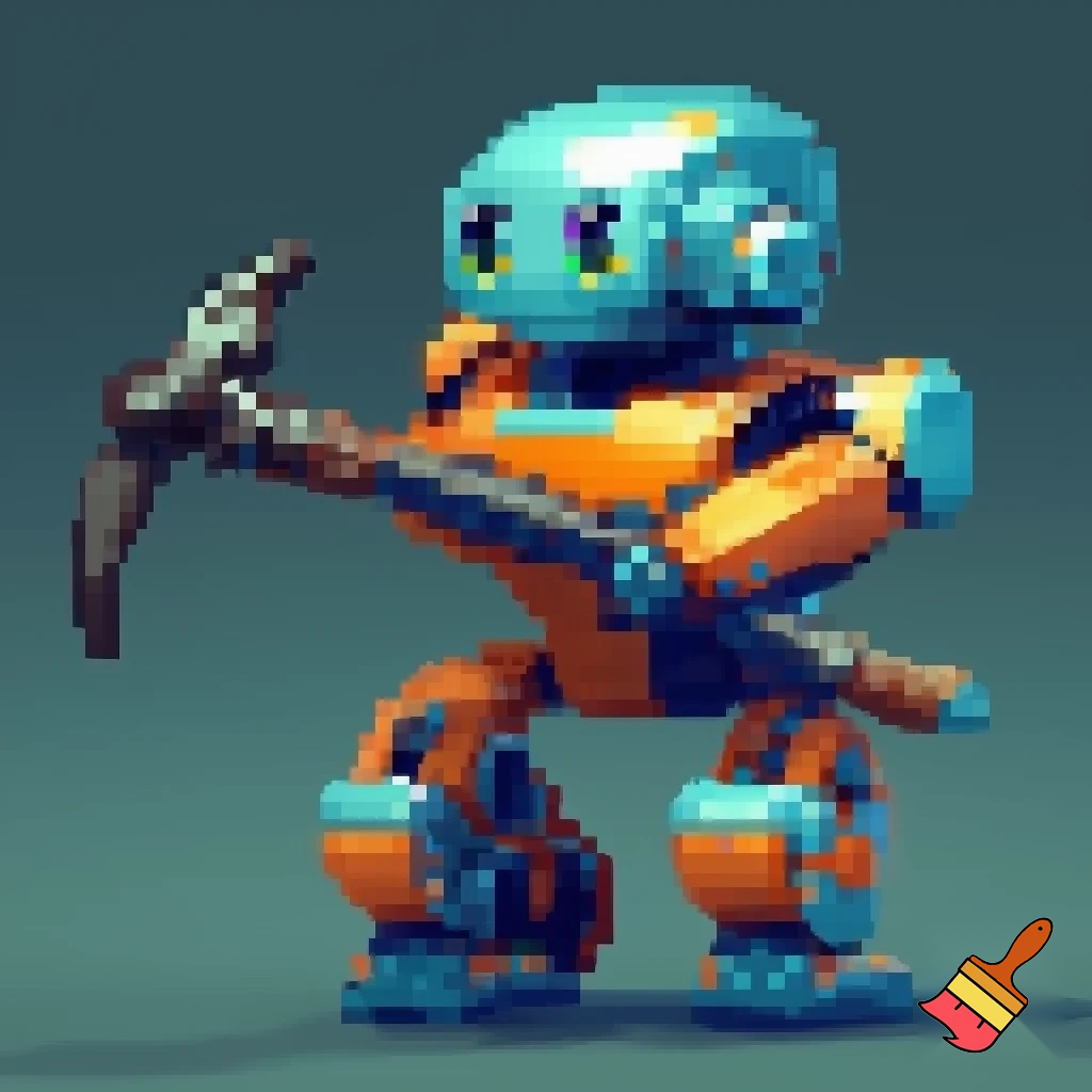 Make a robot enemy that could dig and throw there pickaxe at you huminoid robot shape make it look kid friendly. Pixel art no background