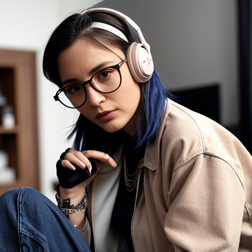génère moi une femme de 60 ans qui a un brushing cheveux soignés , des écouteurs , elle tient un télephone ,elle porte une paire de basket colorés  , un long manteau beige , un chemisier a fleur rose clair , un jean baggy bleu , une paire de lunettes fines , a son poignet elle porte une montre  , elle porte des bijoux 