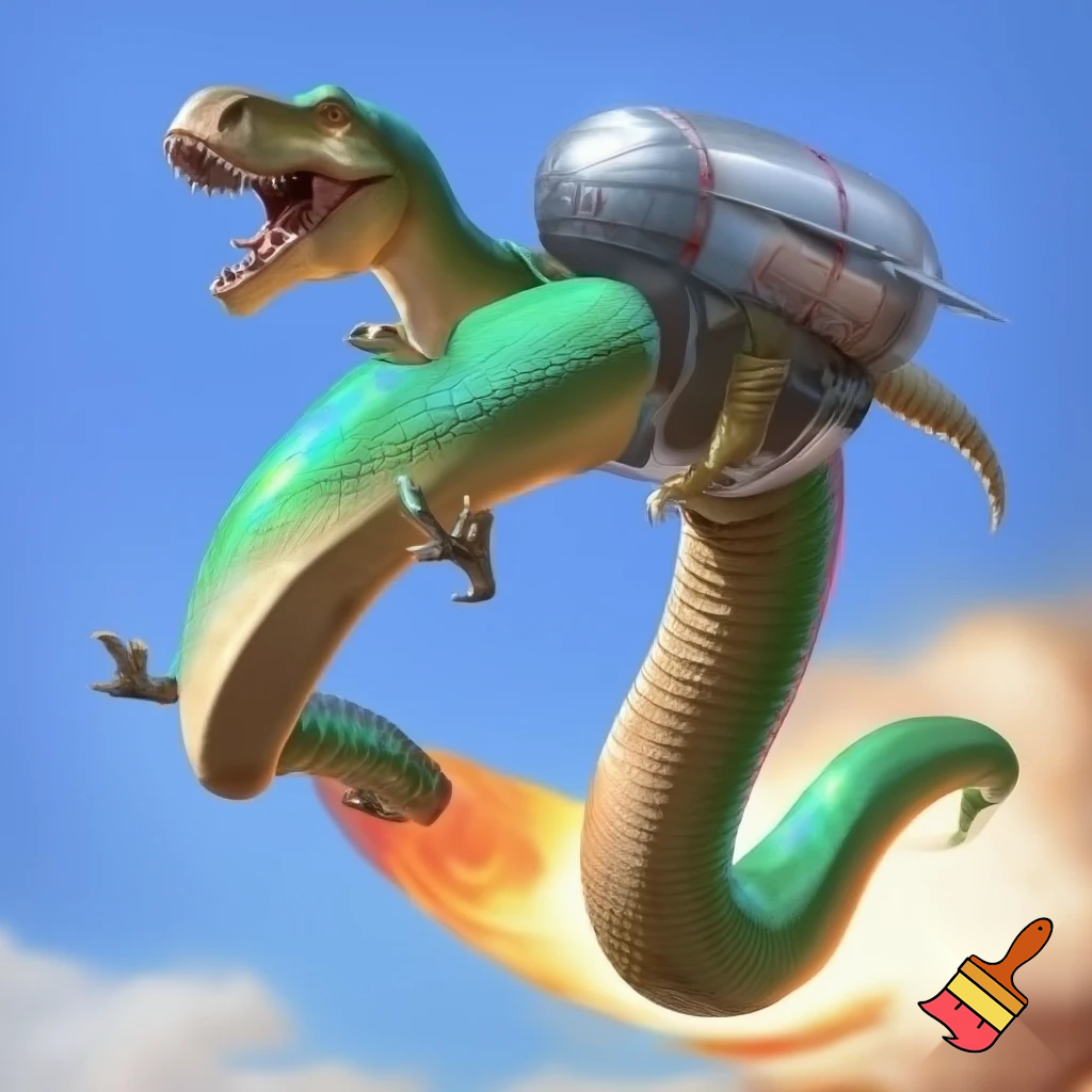 A snake with t-Rex arms and legs with a jetpack