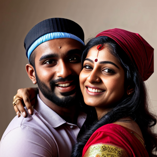 A Hindu Brahmin women in saree with slim muslim man wearing muslim cap Happy tight hug muslim black man 