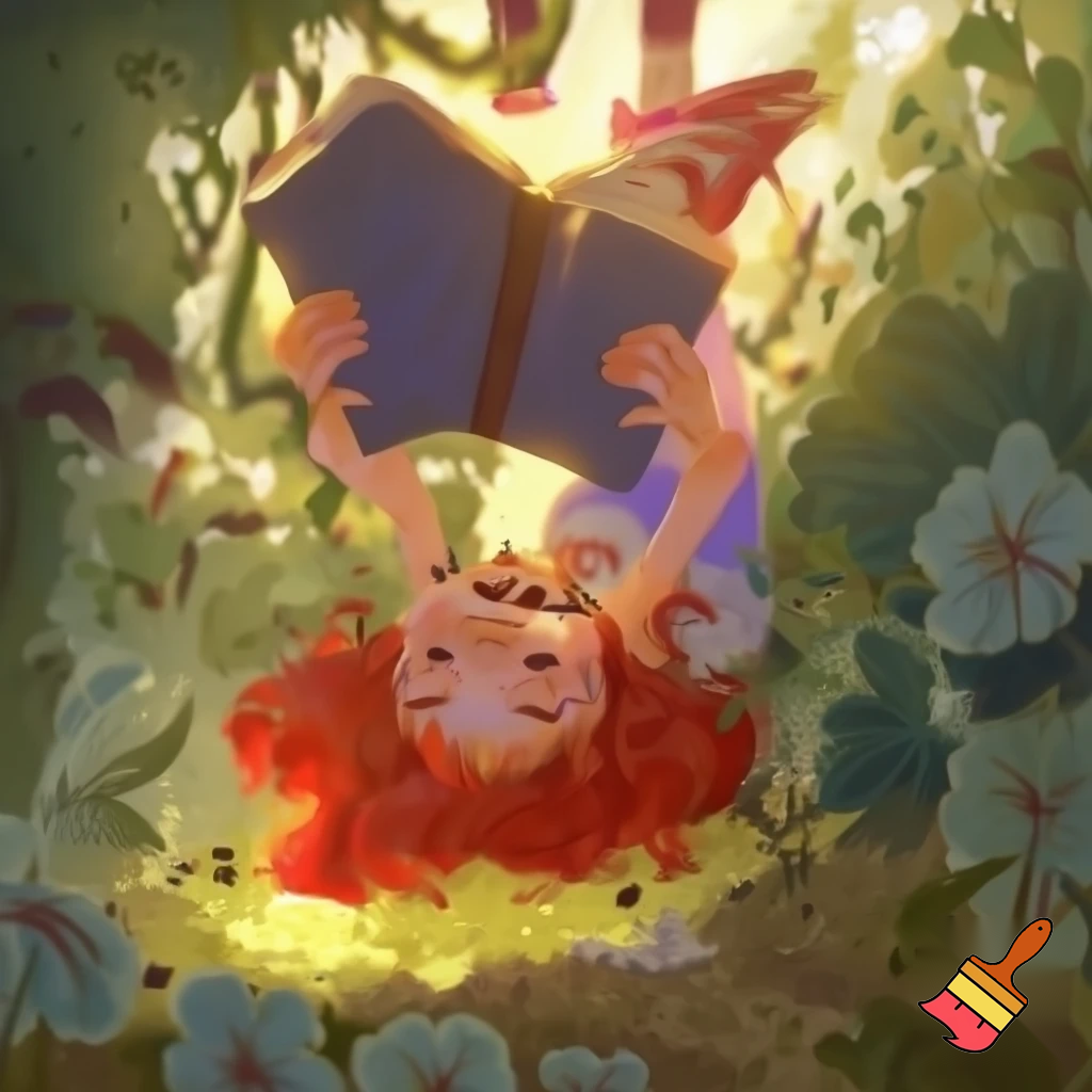 Red head 11 year old eating worms while reading a book upsidedown