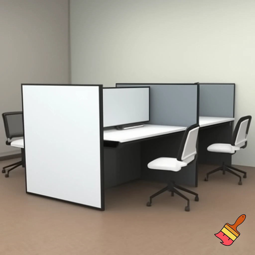 to arbejdsstationer , som består af 2 vægge 1,5 m høje, som står overfor hinanden ( på den ene - er whiteboard, på den anden - en skærm), med et klapbord på den ene side af hver væg (under whightboardet og skærmen), 2 stole på begge sider af hvert klapbord