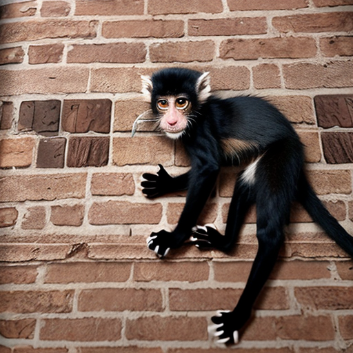 Create a image with a cat and a spider monkey jumping of the side of a brick wall