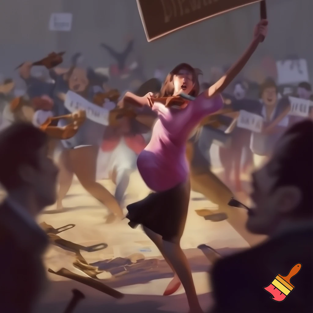 woman protesting violins with counter protesters being bach and motzart and there is people with signs fighting in the background smashing violins 