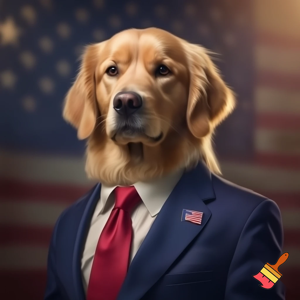 make me a golden retriever in a suit with a red tie tucked in with the American flag pin Donald Trump has