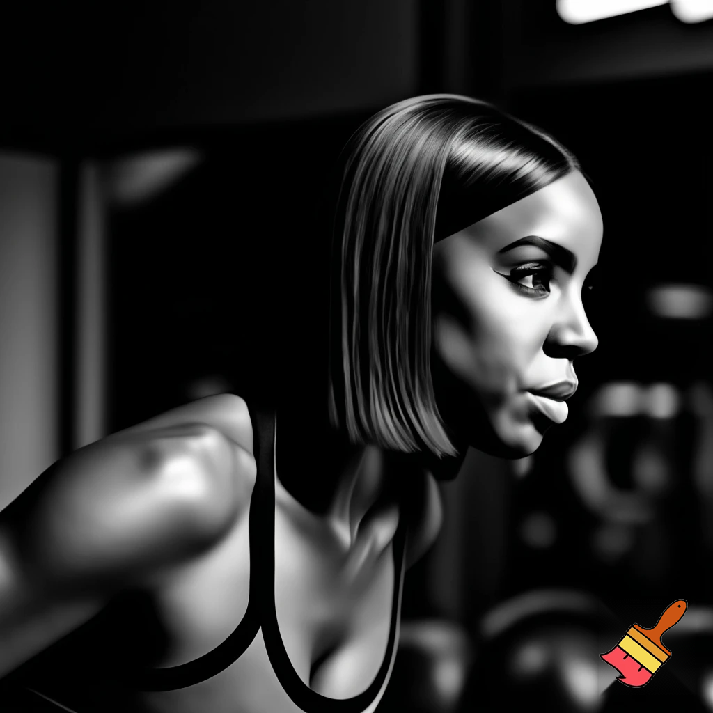 Black and white image of Kelly Rowland with a brown sleek middle part bob hair wearing A Grey and black camisole working out