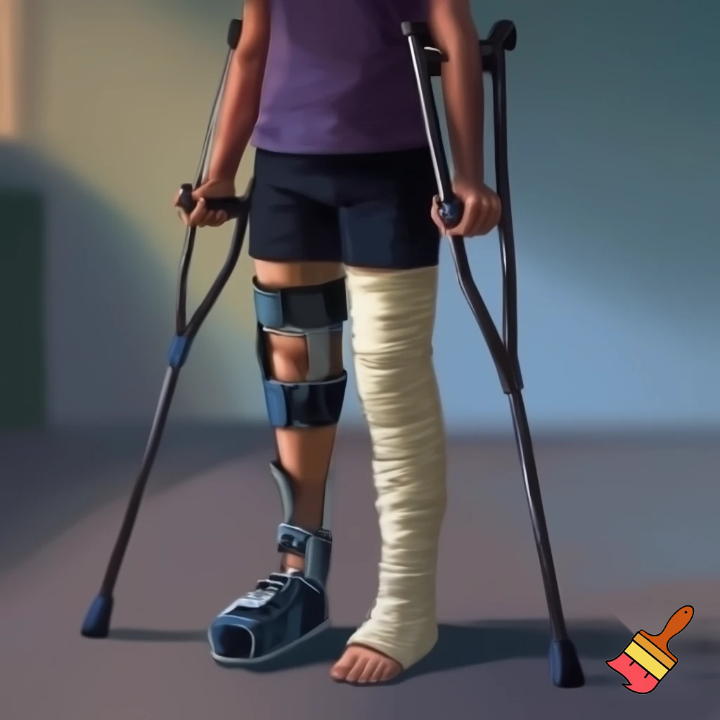 Young woman toe surgery post op shoe on her left foot and on her left knee is a ACL knee brace and her right leg locked in a long leg cast she stands up with crutches 