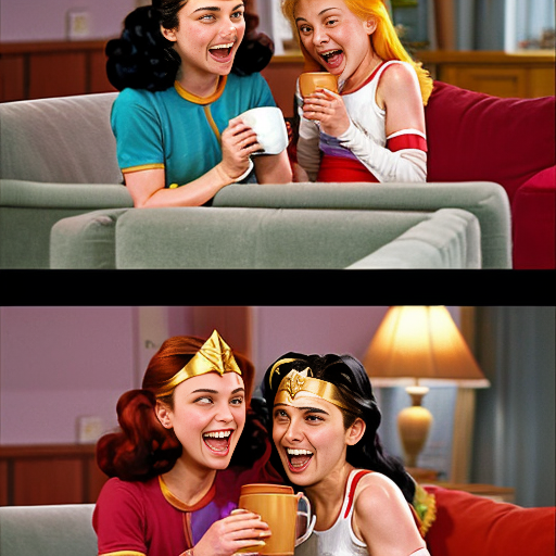 She-Ra from ”Princess of Power 1985” and Wonder Woman from ”Justice League 2001” cry laughing when they catch their 12 year old little sister Wendy from ”Peter Pan 1953” drinking coffee on the sofa in the living room and Wendy isn’t enjoying it.