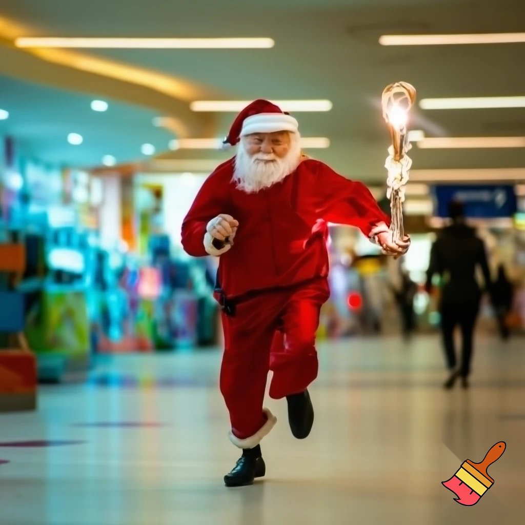 Santa Claus running with the walking stick running with his magic walking stick walking in the shopping centre