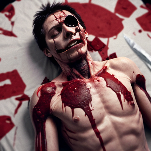 A corpse shirtless man, died, face are hiding by shirt with cut eye part (not eye human), eye closed, chest fully opened wounded circle on center and torn apart skin, blood everywhere. Gibs and ribs (from chest bone) everywhere and broke, organs piece by piece.