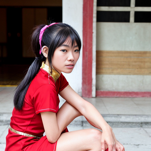 Anime style short woman from indochina, she wears a short red dress with gold embroidery, she has her bkue-black hair up in either 2 buns or 2 ponytails. She has a determined look on her face. We view her from a few steps away face-on. She is crouched forward looking like she has just finished a backflip.