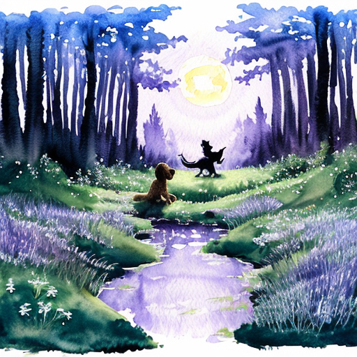 Kouzelná večerní scéna, lesní mýtina v noci, z potoka vychází jasná modrá záře. Malé štěně stojí na okraji louky, fascinovaně sleduje světlo. Magická atmosféra, modré a fialové odstíny, detailní ilustrace. Pohádkový akvarel.