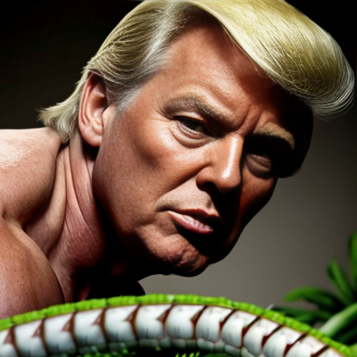 Donald Trump as a reptilian hybrid harvesting humans