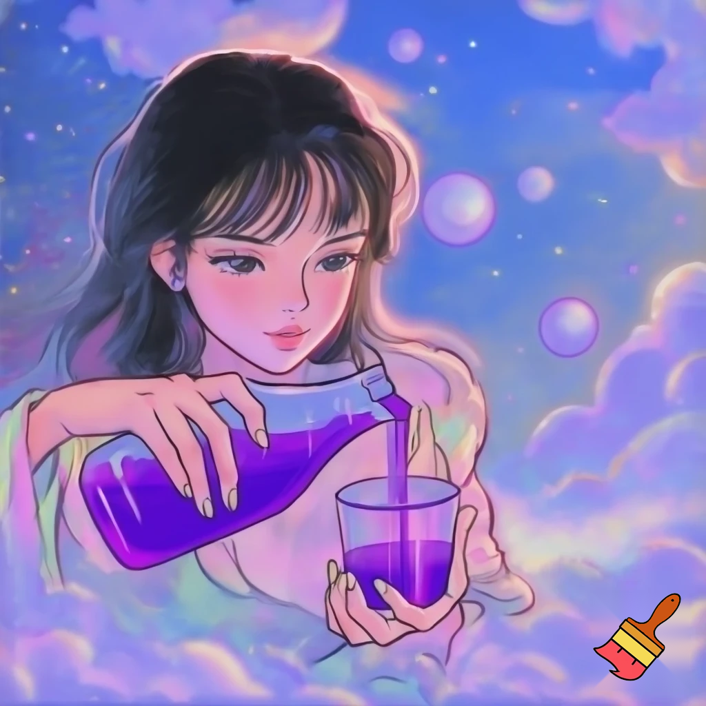 Anime girl pouring lean  out of codiene bottle in ethereal setting in 90s anime art style 