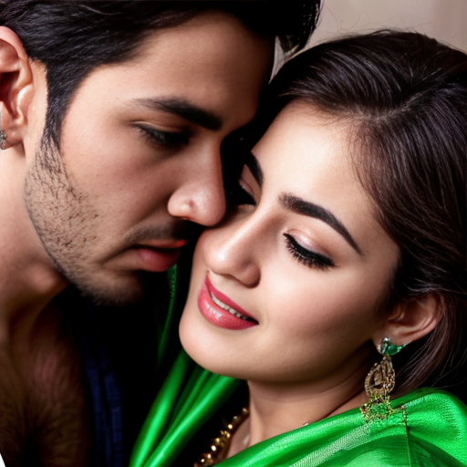 A adult girl wear green shalwar kamiz with adult boy in without  shirt kissing  