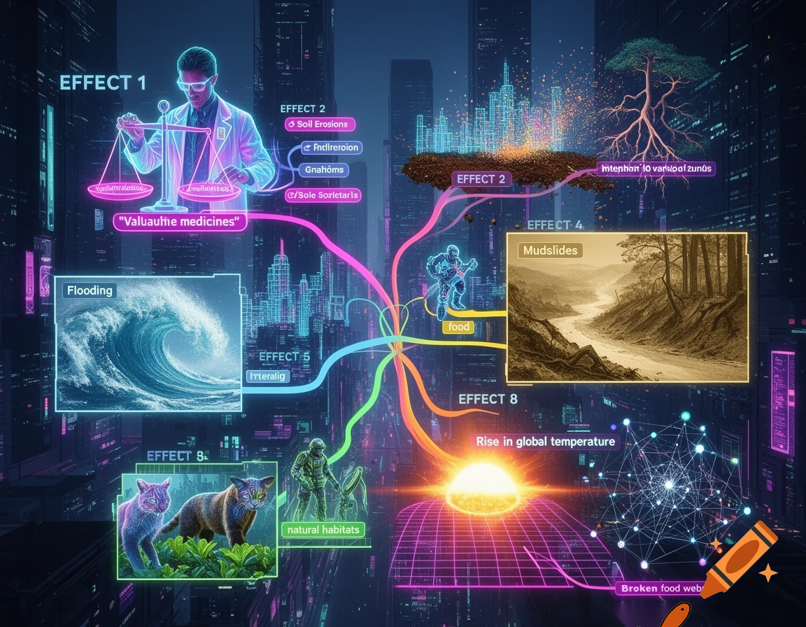 CReate an imformative mindmap illustrating the danger and risks of the loss of tropical rainforests in a cyberpunk style. Add a reason next to each effect. Use neon colours and futuristic characters to represent the elements involved. Include the following components: Effect 1: loss of valuable medicines: example.........; Effect 2: soil erosion; Effect 3: Flooding; Effect 4: Mudslides; Effect 5: Lose natural habitats; Effect 6: Lose sources of food; Effect 7: Rise in global temperature; Effect 8: Broken food webs
