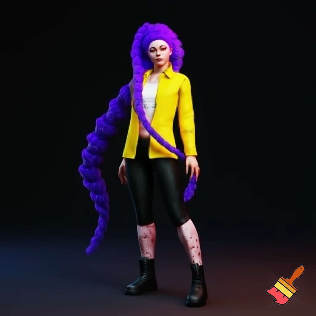 rumi, the main character in the animated film KPop Demon Hunters, is described as a slim and athletic young Korean woman in her early twenties. Her physical description in the film is highly stylized to reflect K-pop idol beauty standards, but the character design also emphasizes her strength and agility as a demon hunter. ties, reconciling her dual nature and the markings that appear on her skin. The hair is a vibrant, brilliant purple (often described as lavender or lilac in fan discussions). Unlike the demon patterns on her body which change color, the purple hair is a static feature that she has had since childhood, suggesting it is a natural result of her half-demon heritage rather than dye.
Style: Her hair is typically styled in a very long, high-swept braid that reaches down to her calves or even ankles. The specific braiding technique is most often a dragon braid or pull-through braid, which gives it a voluminous, segmented, and rope-like appearance that can whip around dramatically during fight scenes. with a yellow jacket and a white top and black pants  shorter like the top of a leg and black boots