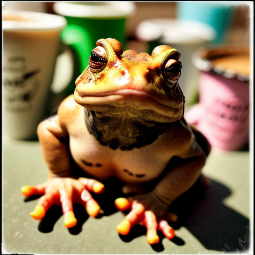 A hillarious, funny boho toad with some hippie colored coffee cups. Psychedelic decorated background.