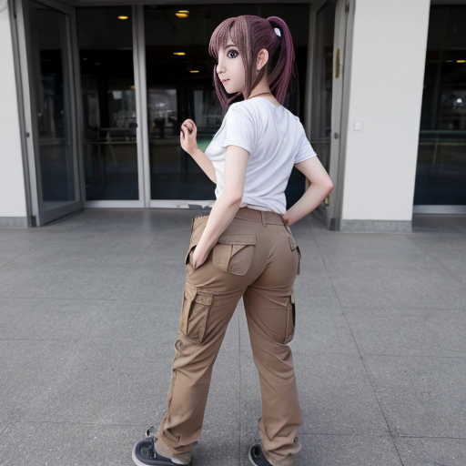 a anime girl with beige cargo pants turned around



