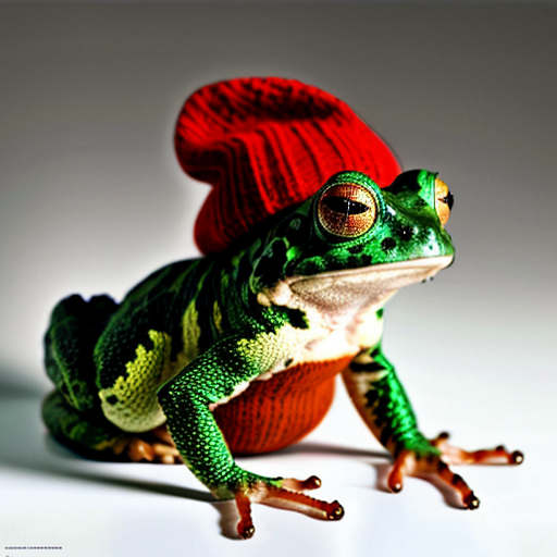 A laughable, puzzled animal toad in woolen, multicoloured winter clothings with woolen winter cap. Hyperrealistic style.