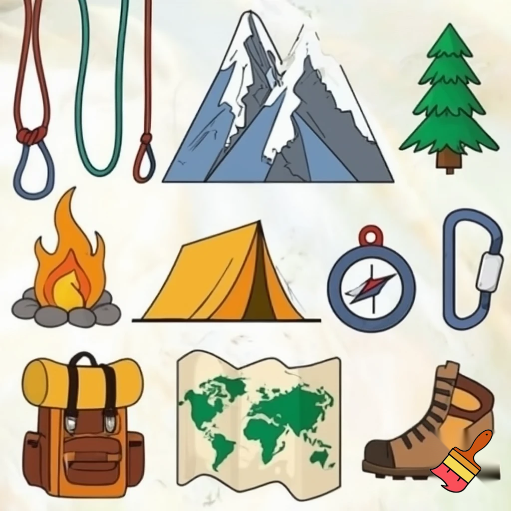 single icons of nature exploration in cartoon style : cord, fir tree, mountain, campfire, tent, carabiner, compass, backpack, world map, hiking shoe, binoculars