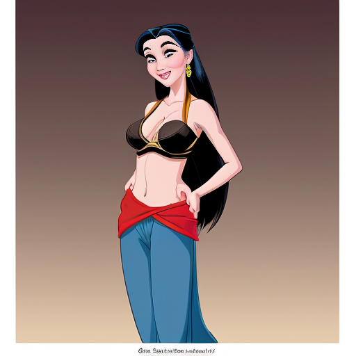 90's disney's 2d aladdin style comic dark blue background and panels of panel 1 Pocahontas barefoot with brown harem pants and bra with both hand palms place together and hiding the bottom of her mouth with a brown veil wrapped around her arms and attached to her head. 
panel 2 she danced with brown harem pants barefoot with brown bra and brown veil wrapped around her arms and shoulders and raising legs and 
panel 3 Pocahontas barefoot with brown harem pants and bra just bounced up and down her belly  and shook her hips left and right. 
panel 4 as Pocahontas barefoot with brown harem pants and bra spreading her arms, happily revealing her face to the viewer and giving a smile as she turns around shook her butt left and right. 
Panel 5 Pocahontas barefoot with brown harem pants and bra started to fading away , except her belly, which is bouncing around. 
Panel 6 then the ball transforms into the fading in belly of mulan  with red harem pants and red bra and red curved slippers with a  red veil wrapped around her arms and shoulders with her swaying her hips. 
Panel 7 mulan with red harem pants, red bra and red curved slippers and with a red veil wrapped around her arms and shoulders and with her hand palms place together between her chest and she gives a smile and winking her left eye. 