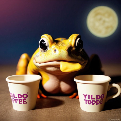 A hillarious, funny boho toad with some hippie colored coffee cups. Psychedelic decorated background.