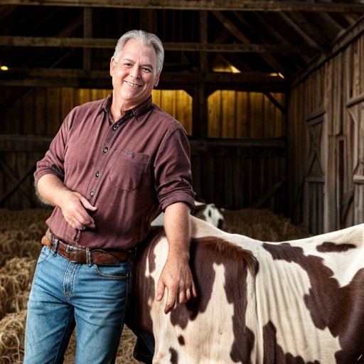 farmer with a barn and cow in the barn