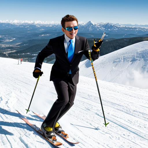 anime frog wearing a suit and tie with cool avaitor sunglasses skiing down a mountain
