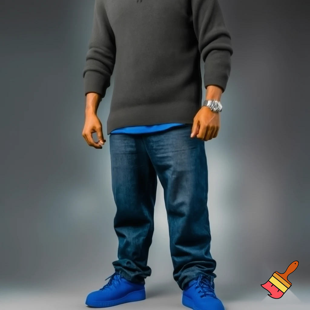 Moos is wearing a grey sweater and a blue baggy jeans and a blue polo. For the accessories Moos is wearing a rolex and blue shoes.  